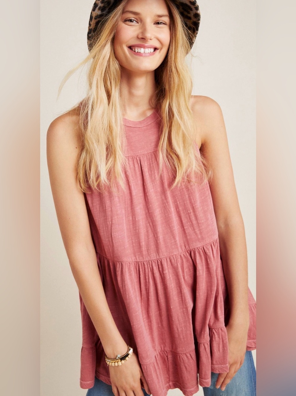 Anthropologie Georgia Tiered Babydoll Tunic Top XS Pink Boho Flowy